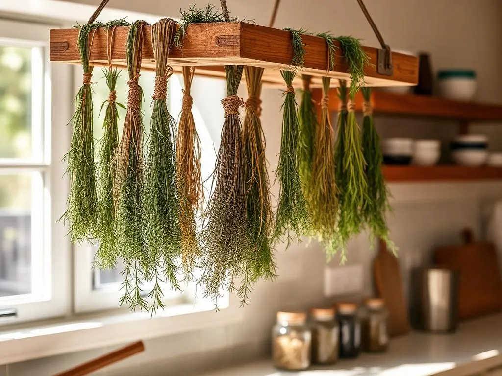 Bundles of dried rosemary and thyme hanging in a rustic kitchen