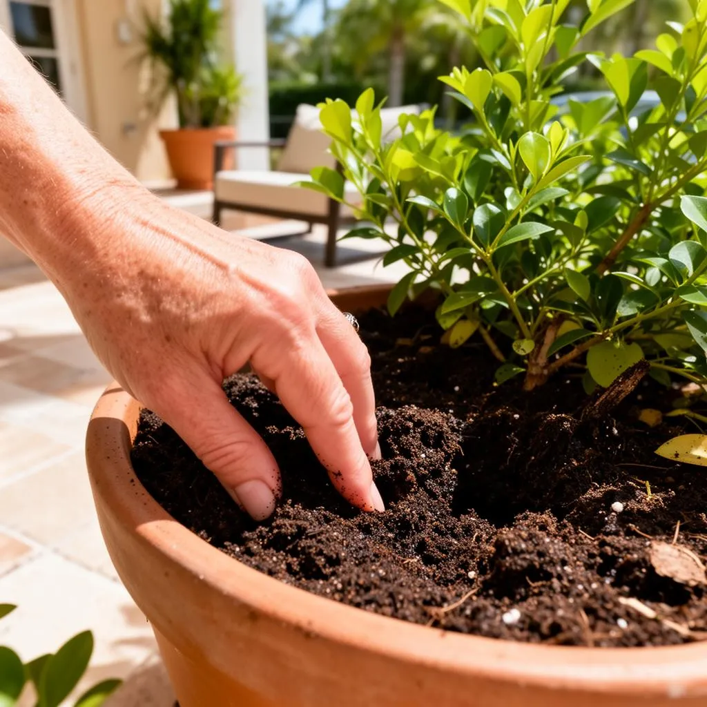 A finger pushed into soil to check moisture levels