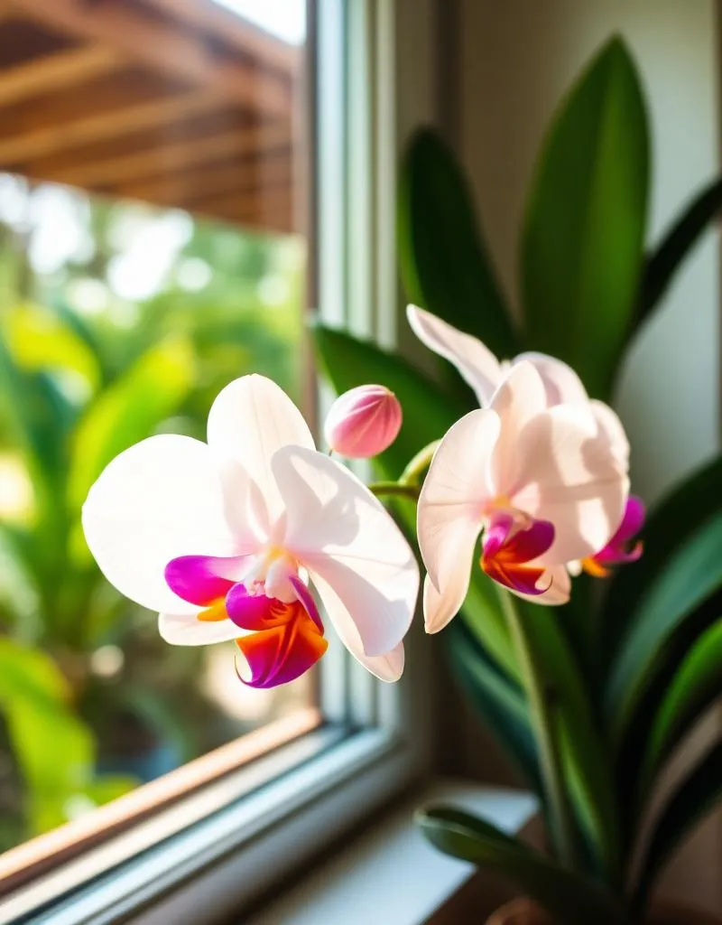 A Phalaenopsis orchid in full bloom on a windowsill