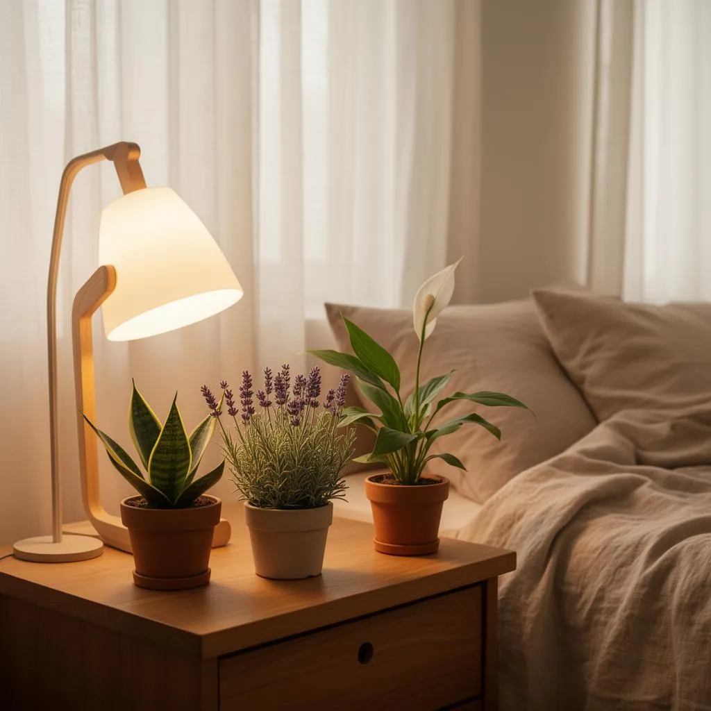 A peaceful bedroom with calming green plants by the bed