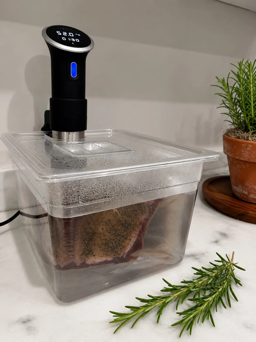 A precision sous vide cooker immersion circulator inside a water container with fresh rosemary sprigs