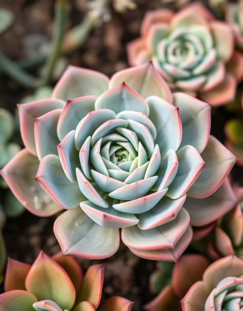 A close-up of a succulent showing its perfect spiral rosette pattern