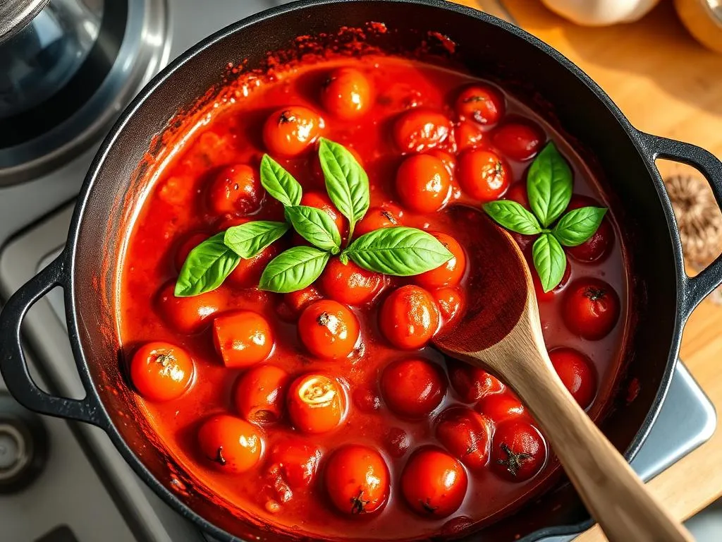 Rustic homemade tomato sauce with fresh basil